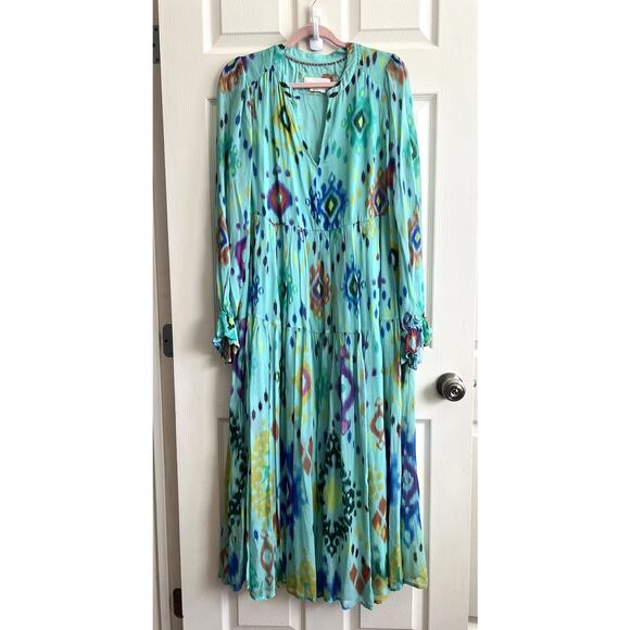 ANTHROPOLOGIE Serenade Turquoise Ikat Pullover Boho Maxi Dress Sz M *FLAW* - Picture 3 of 15